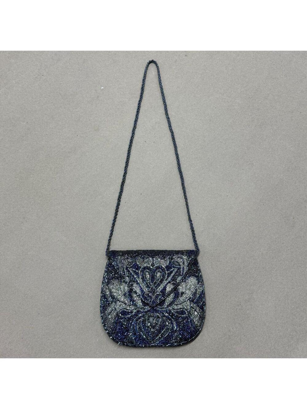Vintage 1980s Art Deco Beaded Midnight Blue & Silver Evening Crossbody Bag